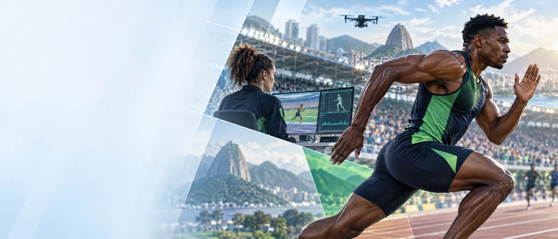 Atleta em ação em uma composição de esporte, inovação e tecnologia