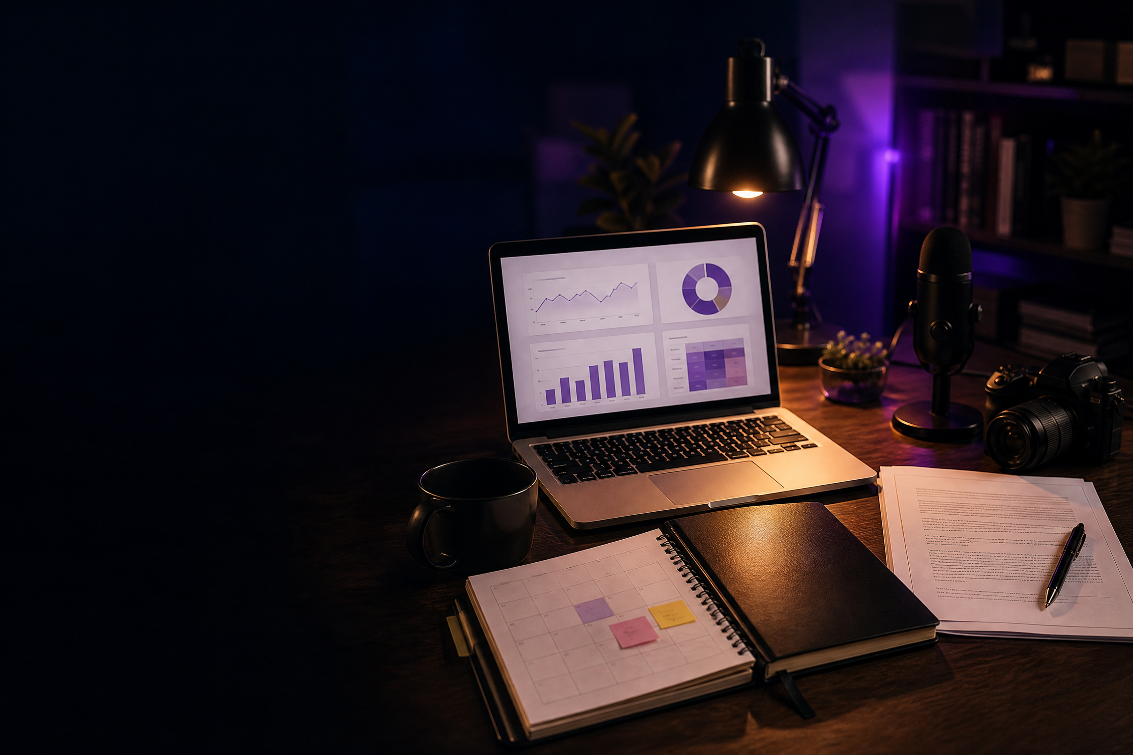 Mesa de trabalho com planejamento, métricas e contrato